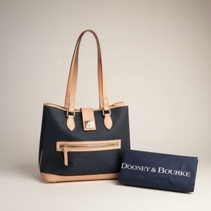 Dooney & Bourke Navy Logo Tote Pink Interior Leather Trim NWOT Dust Bag